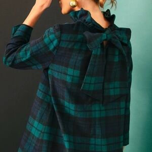 Tuckernuck Green & Black Blackwatch Plaid Faye Blouse Bow Back Women’s Sz Large